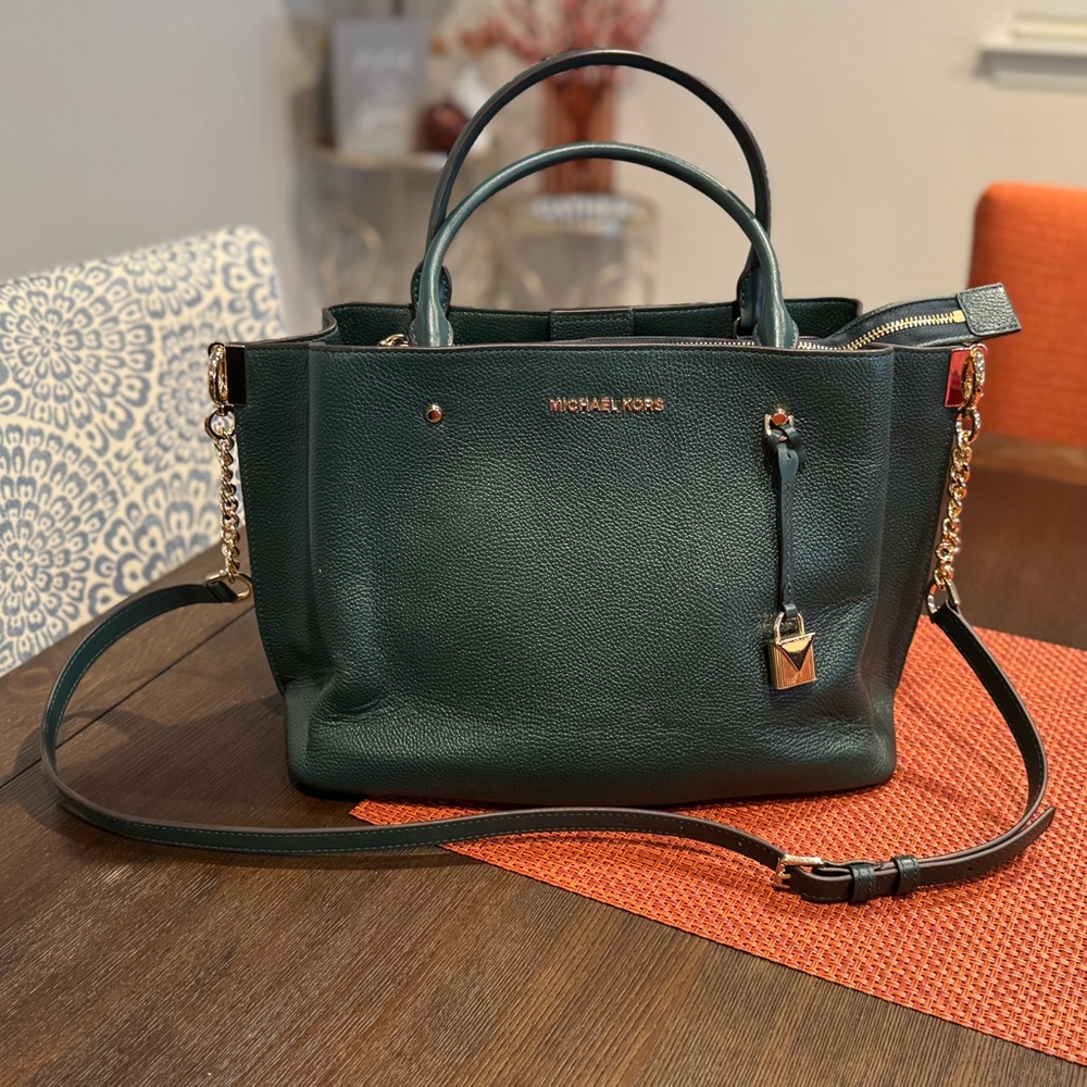 Michael Kors Dark Green Satchel with Gold Accents